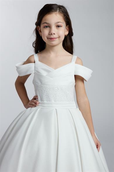 Mojo Kız Çocuk 2-11 Yaş Askılı Düşük Omuz Tarlatanlı Abiye 2256 Krem