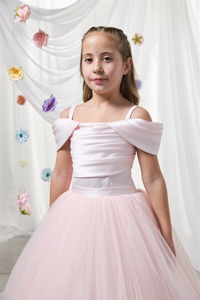 Mojo Kız Çocuk 2-11 Yaş Drapeli Tarlatanlı Abiye Elbise Pudra