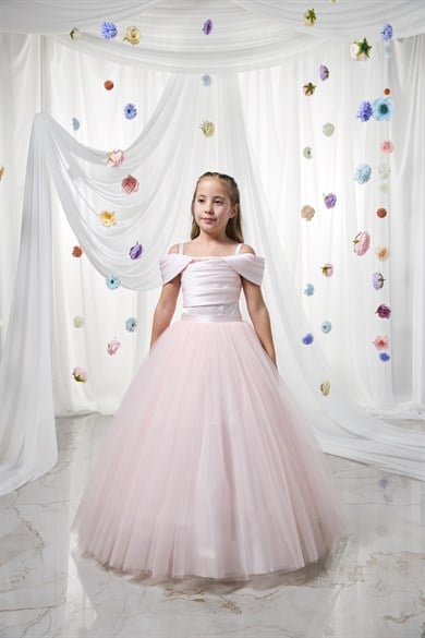 Mojo Kız Çocuk 2-11 Yaş Drapeli Tarlatanlı Abiye Elbise Pudra