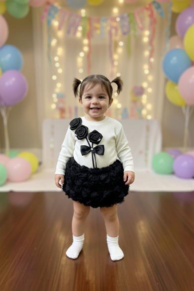 Mojo Kız Çocuk 2-5 Yaş Gül Detaylı Body-Etekli Takım Siyah
