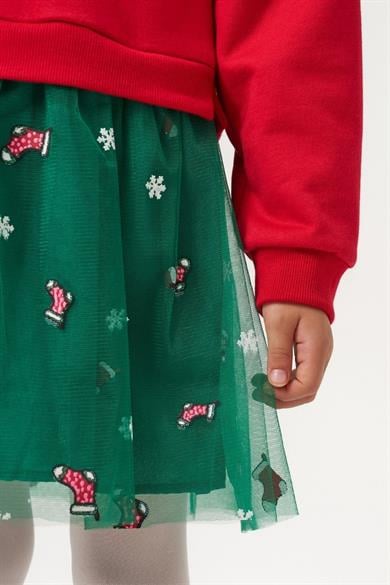 Mojo Kız Çocuk 2-5 Yaş Noel Desenli Taçlı Tüllü Elbise Kırmızı