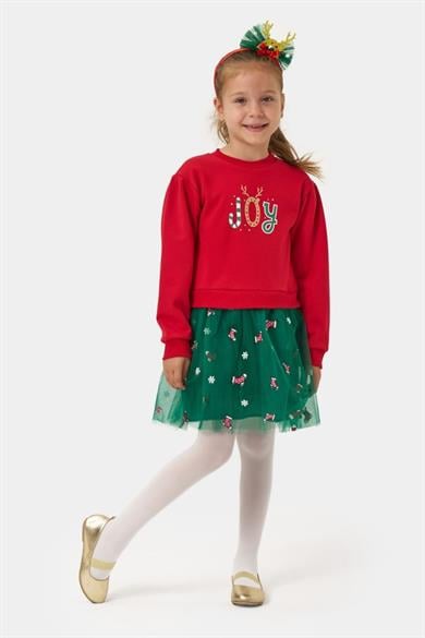 Mojo Kız Çocuk 2-5 Yaş Noel Desenli Taçlı Tüllü Elbise Kırmızı