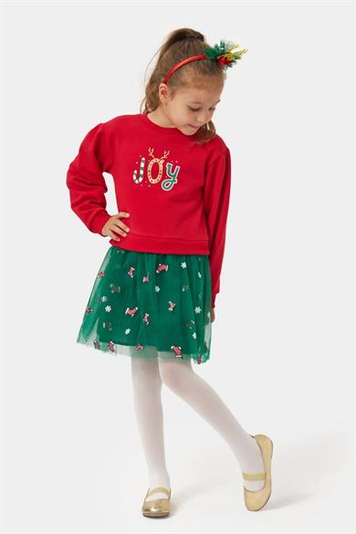 Mojo Kız Çocuk 2-5 Yaş Noel Desenli Taçlı Tüllü Elbise Kırmızı