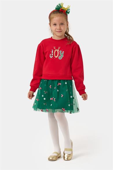 Mojo Kız Çocuk 2-5 Yaş Noel Desenli Taçlı Tüllü Elbise Kırmızı