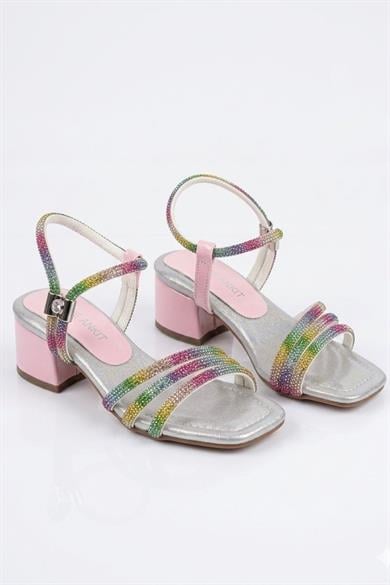 Mojo Kız Çocuk 26-30 Numara Taş Bantlı Topuklu Ayakkabı Gökkuşağı