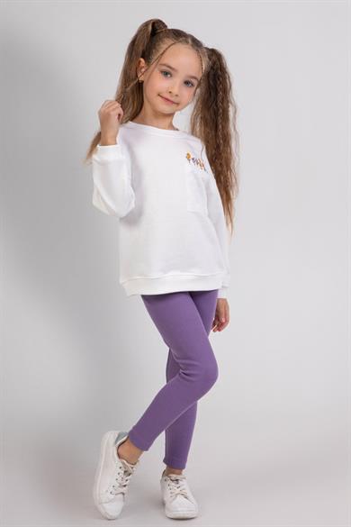 Mojo Kız Çocuk 3-7 Yaş Nakışlı Sweatshirt-Taytlı Takım Mor