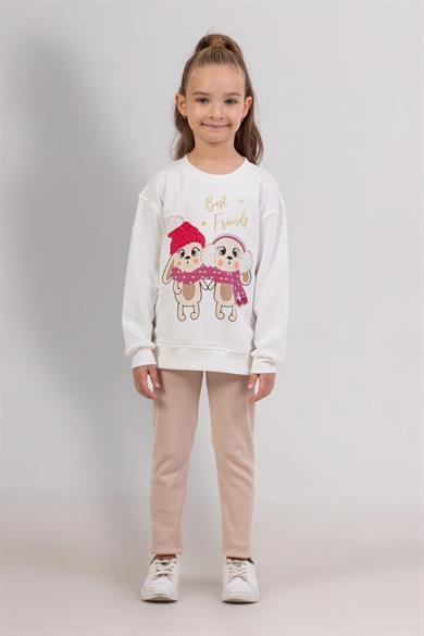 Mojo Kız Çocuk 3-8 Yaş Baskılı Sweat & Tayt Takım Ekru