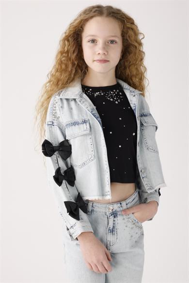 Mojo Kız Çocuk 3-8 Yaş Taşlı Fiyonk Detaylı Denim Ceket 20026 Kot Mavi