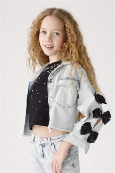 Mojo Kız Çocuk 3-8 Yaş Taşlı Fiyonk Detaylı Denim Ceket 20026 Kot Mavi