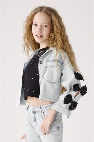 Mojo Kız Çocuk 3-8 Yaş Taşlı Fiyonk Detaylı Denim Ceket 20026 Kot Mavi