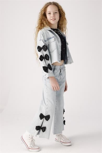 Mojo Kız Çocuk 3-8 Yaş Taşlı Fiyonklu Palazzo Pantolon 12048 Kot Mavi