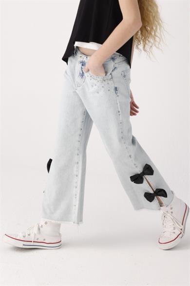 Mojo Kız Çocuk 3-8 Yaş Taşlı Fiyonklu Palazzo Pantolon 12048 Kot Mavi