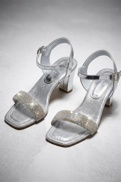 Mojo Kız Çocuk 31-36 Numara Tek Bant Taşlı Topuklu Ayakkabı Gümüş