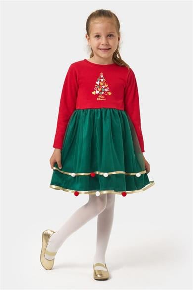 Mojo Kız Çocuk 4-7 Yaş Happy Christmas Ponponlu Elbise Kırmızı
