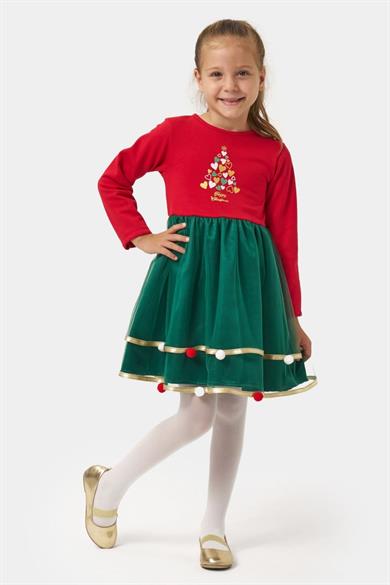 Mojo Kız Çocuk 4-7 Yaş Happy Christmas Ponponlu Elbise Kırmızı