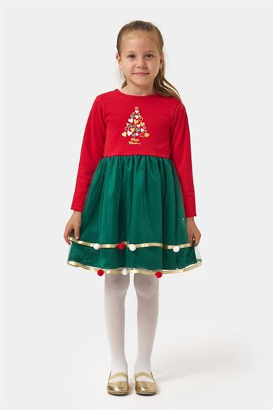 Mojo Kız Çocuk 4-7 Yaş Happy Christmas Ponponlu Elbise Kırmızı