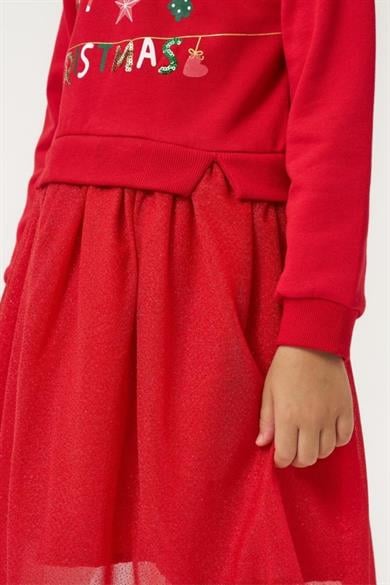 Mojo Kız Çocuk 4-7 Yaş Yeni Yıl Temalı Tüllü Elbise Kırmızı