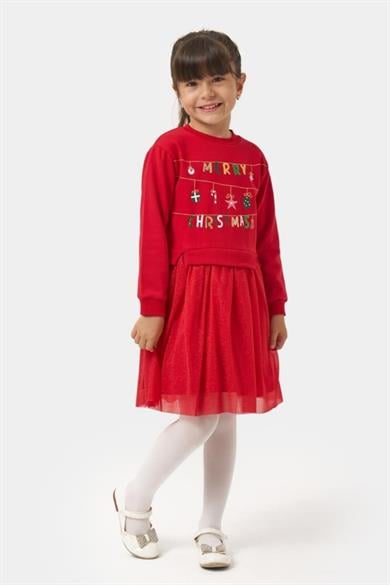 Mojo Kız Çocuk 4-7 Yaş Yeni Yıl Temalı Tüllü Elbise Kırmızı