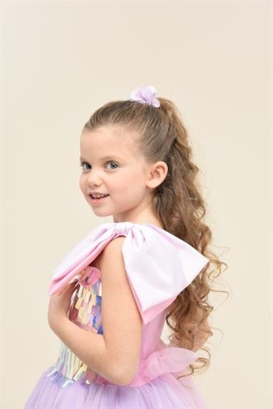 Mojo Kız Çocuk 4-8 Yaş Tek Omuz Fiyonk Detaylı Kısa Abiye Elbise 5588 Lila