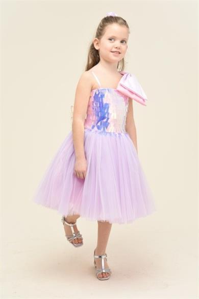 Mojo Kız Çocuk 4-8 Yaş Tek Omuz Fiyonk Detaylı Kısa Abiye Elbise 5588 Lila