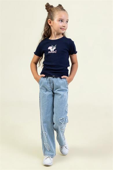 Mojo Kız Çocuk 4-9 Yaş Kalp İşlemeli Palazzo Pantolon Kot Mavi