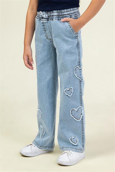 Mojo Kız Çocuk 4-9 Yaş Kalp İşlemeli Palazzo Pantolon Kot Mavi