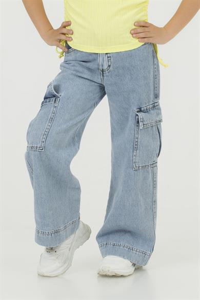 Mojo Kız Çocuk 4-9 Yaş Kargo Cepli Bol Paça Denim Pantolon 0199 Kot Mavi