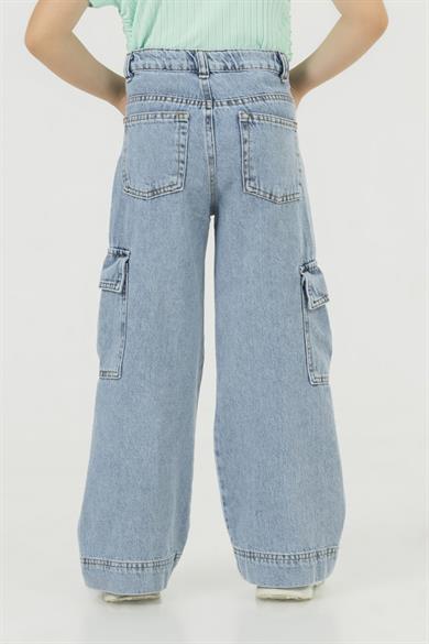 Mojo Kız Çocuk 4-9 Yaş Kargo Cepli Bol Paça Denim Pantolon 0199 Kot Mavi