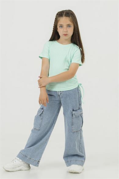 Mojo Kız Çocuk 4-9 Yaş Kargo Cepli Bol Paça Denim Pantolon 0199 Kot Mavi