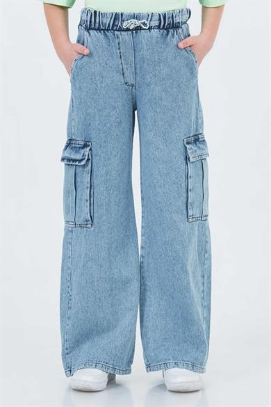 Mojo Kız Çocuk 4-9 Yaş Lastikli Bel Kargo Cep Pantolon 2957 Kot Mavi