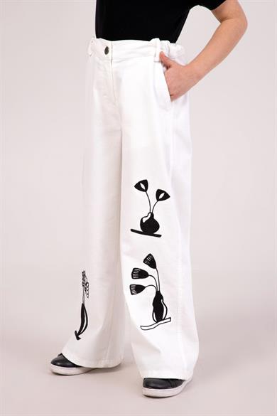 Mojo Kız Çocuk 4-9 Yaş Nakış İşlemeli Pantolon 0484 Beyaz