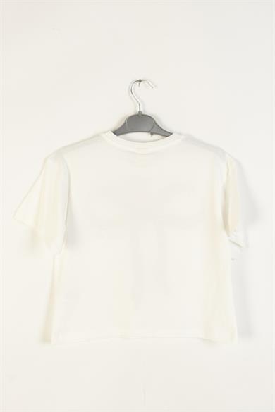 Mojo Kız Çocuk 4-9 Yaş Parlak Fiyonk Baskılı Kısa Kol T-shirt 0670 Ekru