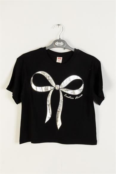 Mojo Kız Çocuk 4-9 Yaş Parlak Fiyonk Baskılı Kısa Kol T-shirt 0670 Siyah