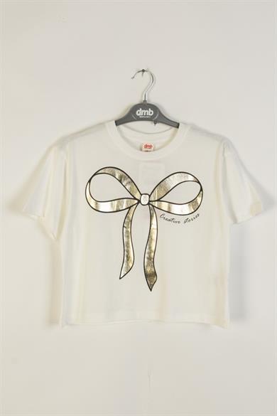 Mojo Kız Çocuk 4-9 Yaş Parlak Fiyonk Baskılı Kısa Kol T-shirt 0670 Ekru