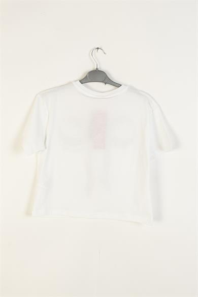 Mojo Kız Çocuk 4-9 Yaş Parlak Fiyonk Baskılı Kısa Kol T-shirt 0670 Beyaz