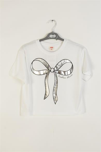 Mojo Kız Çocuk 4-9 Yaş Parlak Fiyonk Baskılı Kısa Kol T-shirt 0670 Beyaz