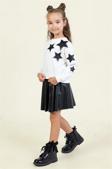 Mojo Kız Çocuk 4-9 Yaş Suni Deri Şort Etek Takım 0477 Ekru