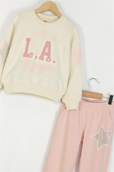 Mojo Kız Çocuk 4-9 Yaş Taş İşlemeli Eşofman Takımı Krem