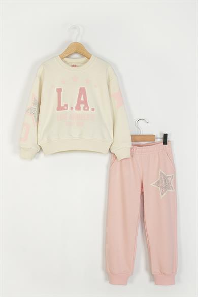 Mojo Kız Çocuk 4-9 Yaş Taş İşlemeli Eşofman Takımı Krem