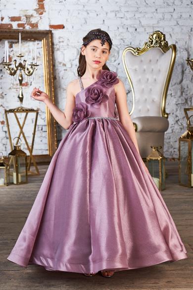 Mojo Kız Çocuk 5-10 Yaş Tek Omuz Taşlı Abiye Elbise 3084 Lavanta