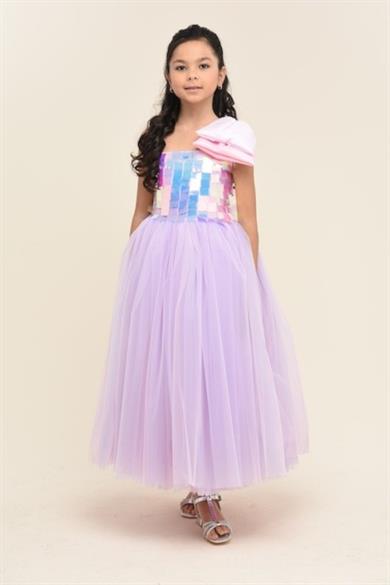 Mojo Kız Çocuk 6-10 Yaş Fiyonk Detaylı Uzun Abiye Elbise 5600 Lila