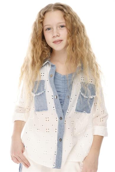 Mojo Kız Çocuk 7-14 Yaş Denim Parçalı Fisto Gömlek 24027 Beyaz