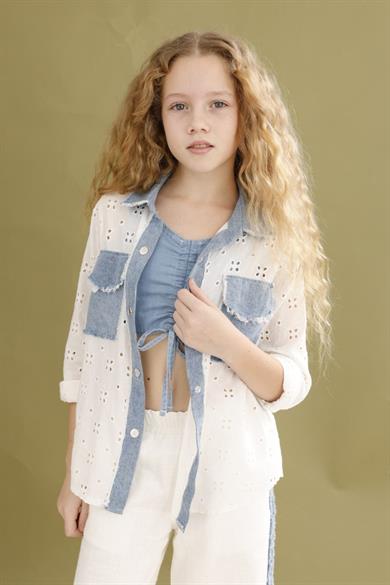 Mojo Kız Çocuk 7-14 Yaş Denim Parçalı Fisto Gömlek 24027 Beyaz