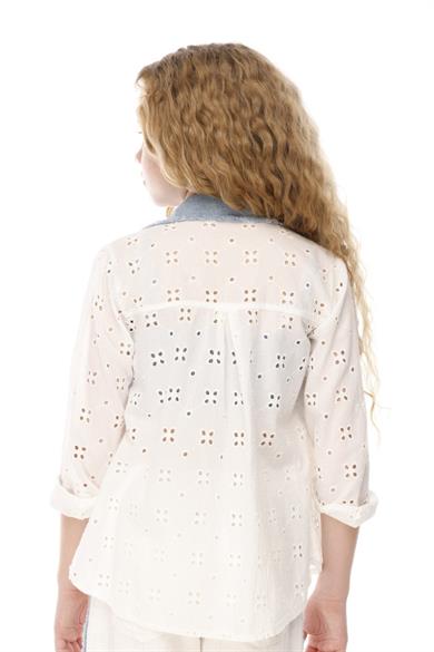 Mojo Kız Çocuk 7-14 Yaş Denim Parçalı Fisto Gömlek 24027 Beyaz