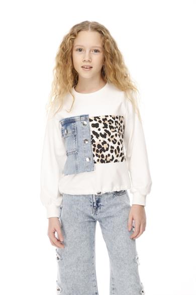 Mojo Kız Çocuk 7-14 Yaş Leopar Parçalı Sweatshirt 14051 Beyaz