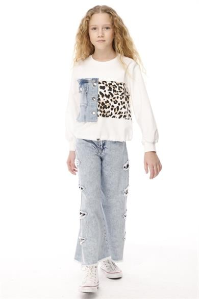 Mojo Kız Çocuk 7-14 Yaş Leopar Parçalı Sweatshirt 14051 Beyaz