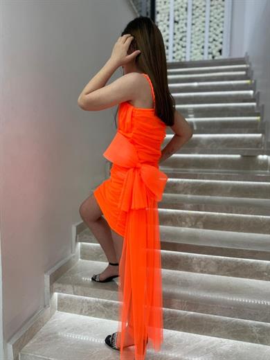 Mojo Kız Çocuk 7-15 Yaş Drapeli Kısa Abiye Elbise 5571 Neon Turuncu