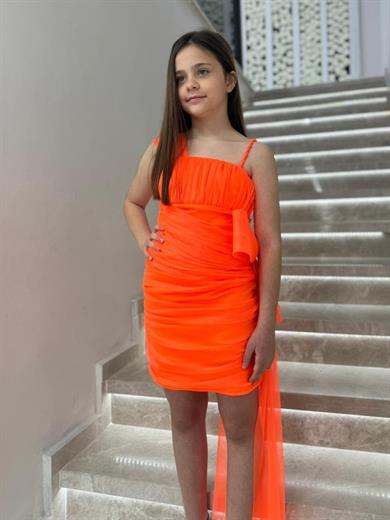 Mojo Kız Çocuk 7-15 Yaş Drapeli Kısa Abiye Elbise 5571 Neon Turuncu