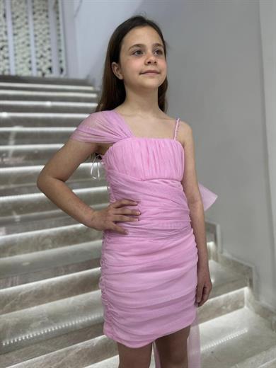 Mojo Kız Çocuk 7-15 Yaş Drapeli Kısa Abiye Elbise 5571 Pembe