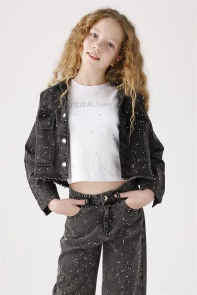 Mojo Kız Çocuk 8-14 Yaş Taşlı Denim Ceket J20035 Siyah